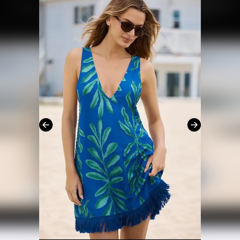 Blue Tropical Leaf V-Neck Beach Dress